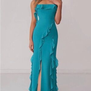 Azazie Barbie Teal Strapless Evening Dress